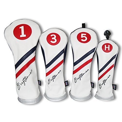 Craftsman Golf White Blue Red Pu Leather Diagonal Stripes Driver/Fairway Wood/Hybrid Headcover #1#3#5 H for All Brands Callaway Big Bertha Cobra Taylormade Ping Mizuno Etc.(4pcs (135H))
