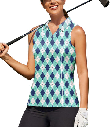 COOrun Womens Golf Shirts Sleeveless Green Polo Quick Dry Activewear Tops Collared V Neck Hiking Shirts Golf ClothesGreen Argyle XL